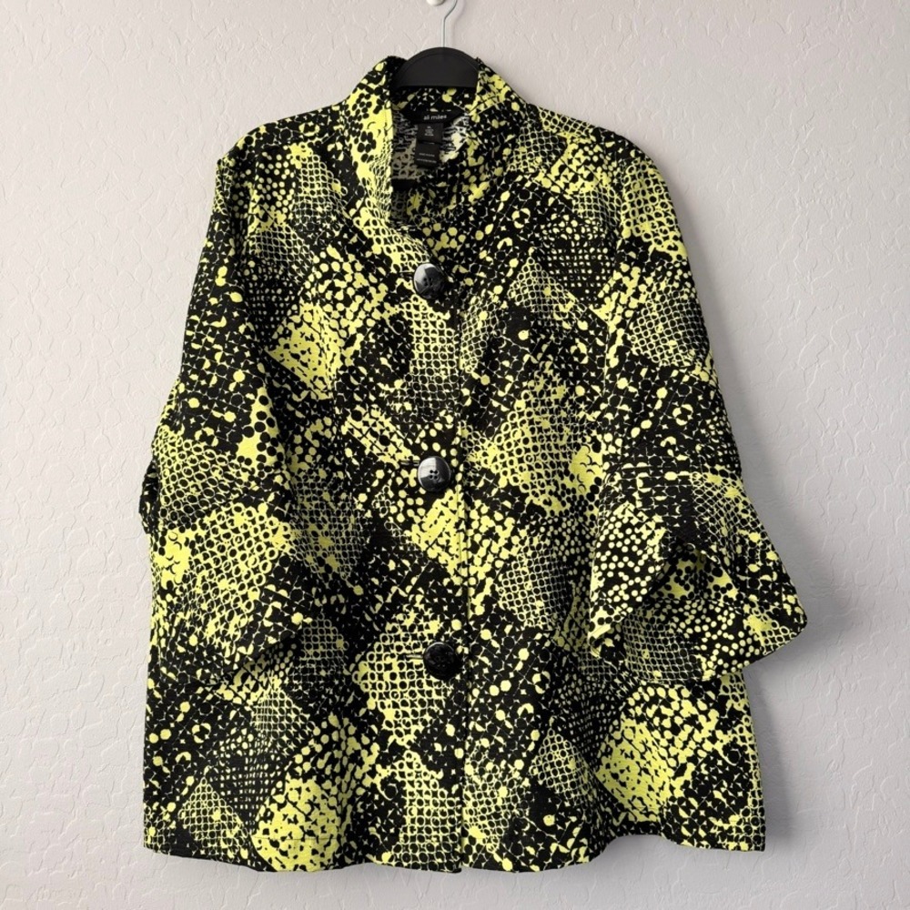 Ali Miles Lime Green‎ Black Scallop Sleeve Abstract Print Button Front Shirt XL